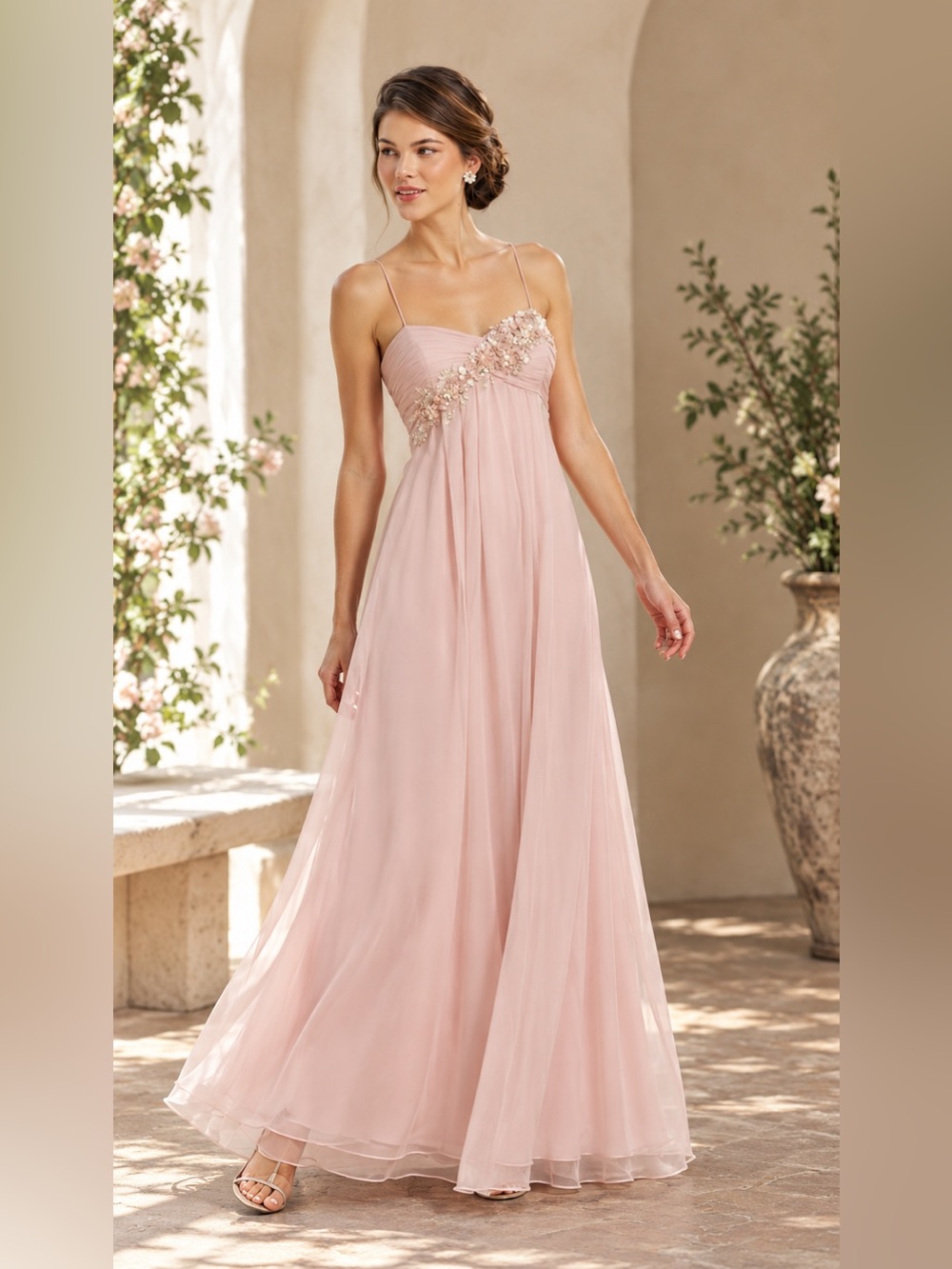 Adriana Papell Blush Spaghetti Strap Chiffon Floral Aplique Gown | Size 6